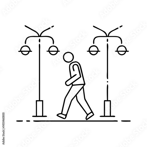 walking under streetlights icon, walking under streetlights line art - simple line art of walking under streetlights, perfect for walking under streetlights logos and icons