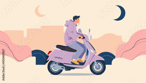 Riding Scooter in Night: An individual rides scooter on a smooth road against the backdrop of a dreamy night sky. Embrace the spirit of freedom and exploration.