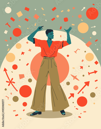 Celebration in Action: Illustration of a person, embodying celebration amidst a flurry of confetti and arrows. This image encapsulates themes of achievement, and positivity.