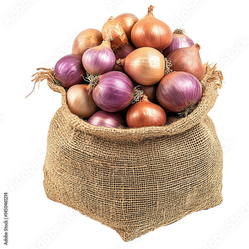 A burlap sack overflowing with fresh, vibrant onions of different colors