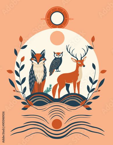 Forest Creatures Illustration: A charming illustration of a fox, owl, and deer, set against a warm orange backdrop, evoking the enchantment of the wild.