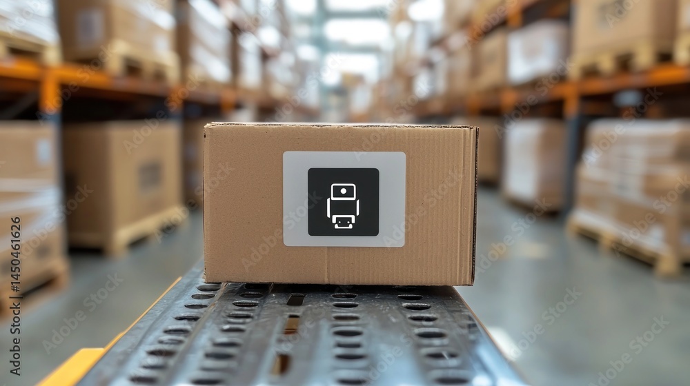 Cardboard box with a symbol on a pallet in a warehouse.