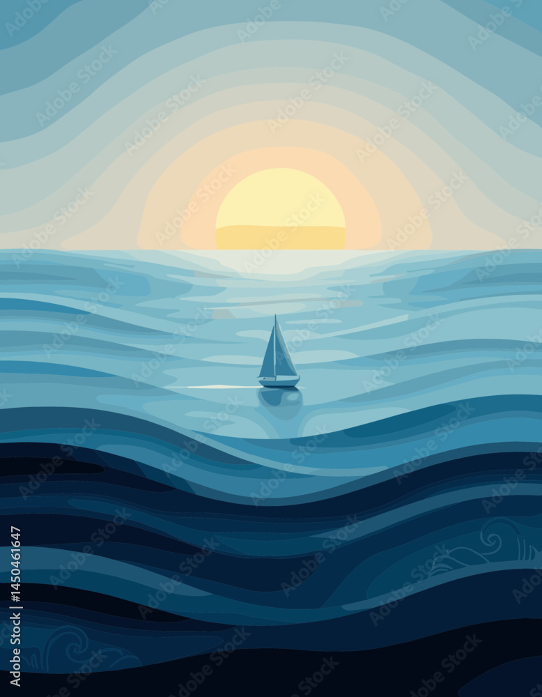Naklejka premium Serene Sailing on the Horizon: A lone sailboat journeys across the undulating waves towards a radiant sun setting on the ocean, evoking a sense of calm and adventure. 