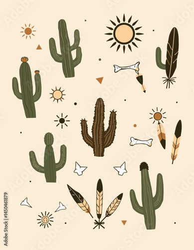 Bohemian Desert Sketch: A whimsical desert illustration presents an artistic array of cacti, feathers, and sun, all harmonizing within a bohemian style.