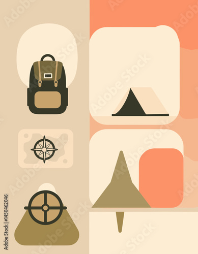 Journey Awaits: A minimalist illustration presents a curated collection of travel essentials: backpack, compass, steering wheel, and tent, all against a backdrop of earthy tones.