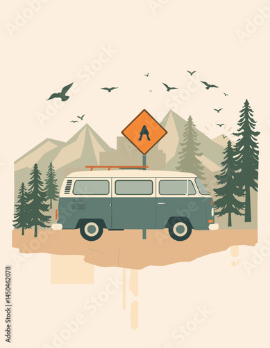The Journey Begins: An illustrated, vintage-style van embarks on an adventure, under a sky filled with birds, ready to explore the scenic mountains.
