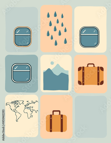 Travel Essentials: A collection of illustrations, featuring stylized windows, raindrops, mountain scene, luggage, and a world map, perfectly embodying travel-themed elements.