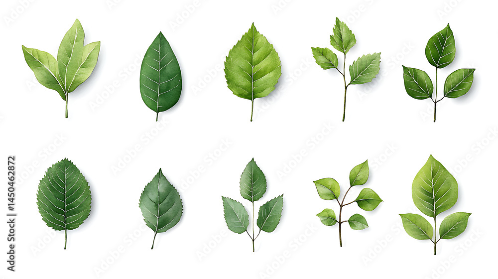 Green leaves collection isolated white background, hand painted foliage set floral design, nature watercolor botanical Green leaves collection isolated white background, hand painted foliage set floral design, nature watercolor botanical