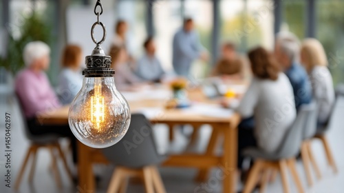 Group meeting in a bright office with a hanging light bulb, ideal for business, teamwork, or strategy articles