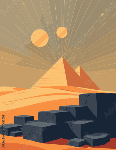Mystical Echoes of Ancient Egypt: A breathtaking stylized illustration of the pyramids under a celestial sky, evoking a sense of wonder and the enigmatic past.