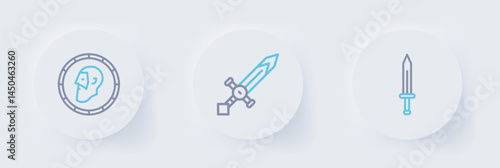 Set line Medieval sword, and Ancient coin icon. Vector