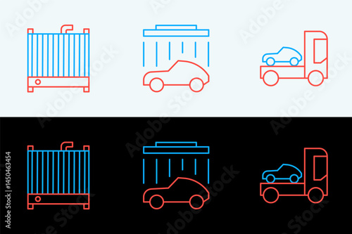 Set line Car transporter truck, radiator cooling system and wash icon. Vector