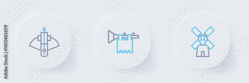 Set line Windmill, Trumpet with flag and Battle crossbow arrow icon. Vector