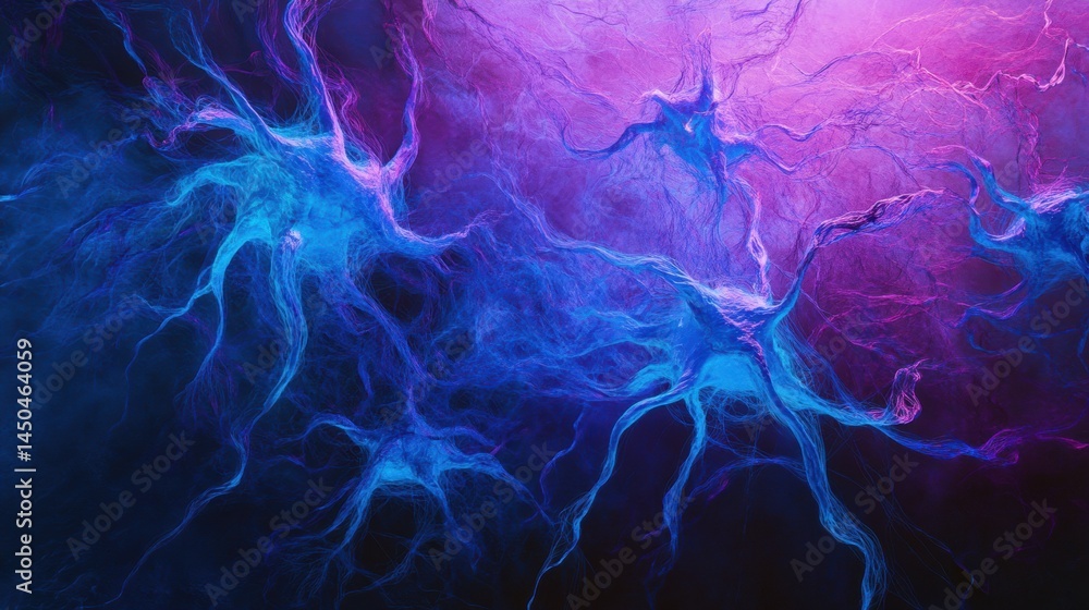 Obraz premium Abstract neural network design featuring glowing blue and purple threads against a dark gradient background with organic flow and balanced composition