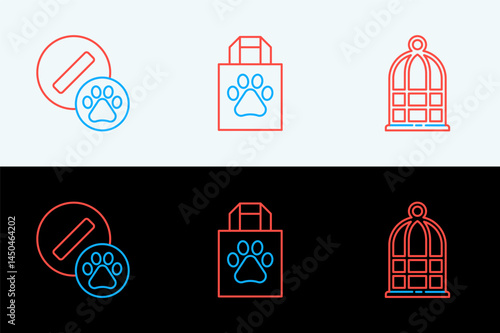 Set line Cage for birds, Dog pill and Shopping bag pet icon. Vector