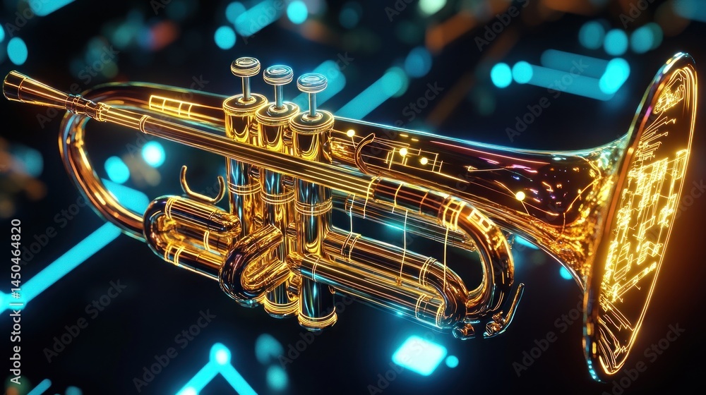 Fototapeta premium Shiny trumpet with glowing circuit background