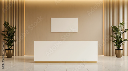 Sleek white reception desk with minimalist modern decor and potted plants creates a calm  welcoming space for visitors. Clean lines  neutral tones.
