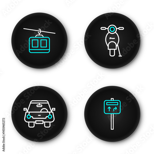 Set line Road traffic signpost, Car, Scooter and Cable car icon. Vector