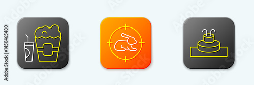 Set line Popcorn in box and glass, Hunt on rabbit with crosshairs and Fountain icon. Vector