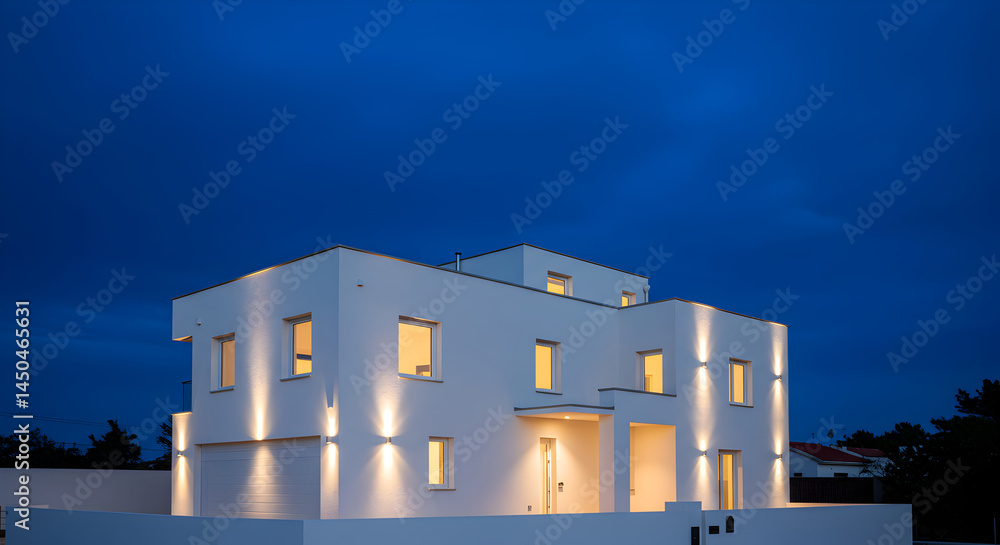 Fototapeta premium Modern Villa At Dusk Illuminating With Exterior Lights Architecture