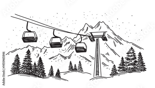 Ski lift in mountain, on white, sketch, hand drawn illustrations	
