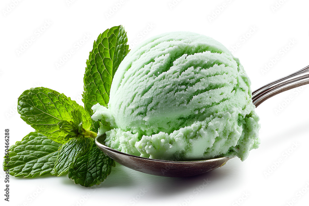Refreshing Mint Ice Cream Scoop on Silver Spoon with Fresh Mint Leaves Refreshing Mint Ice Cream Scoop on Silver Spoon with Fresh Mint Leaves