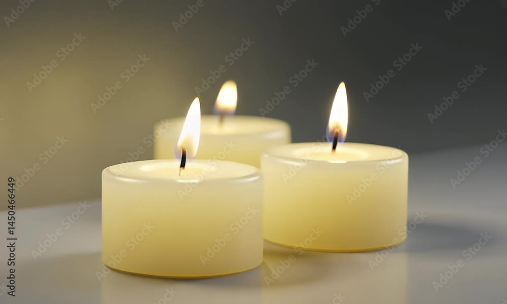 Three White Candles with Yellow Flames Burning on a Gray Surface with Soft Lighting Three White Candles with Yellow Flames Burning on a Gray Surface with Soft Lighting