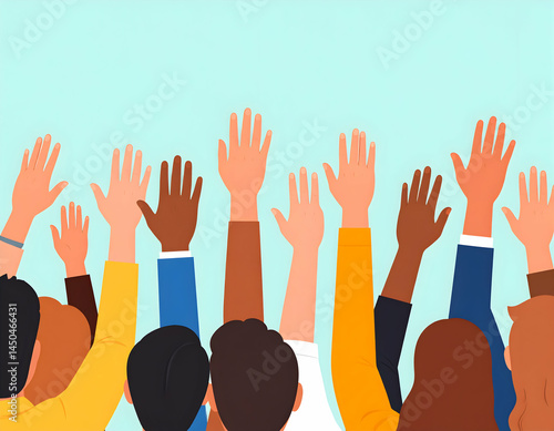 Diverse People Raising Hands Against Light Blue Sky