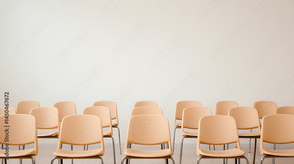 Obraz premium Rows of tan-colored, metal-framed chairs fill a meeting or lecture space against a neutral backdrop, emphasizing organization and anticipation of a seated audience.