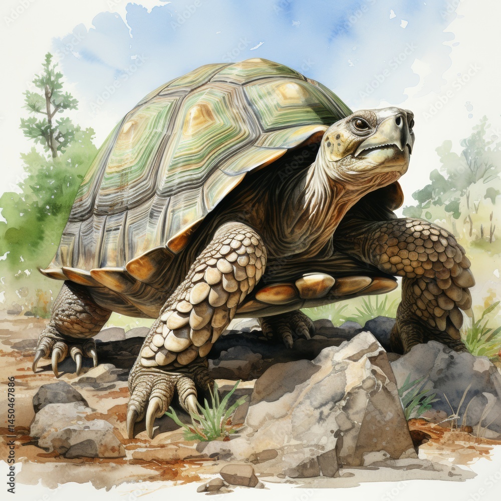Fototapeta premium Turtle Exploring Rocky Terrain Nature Scene Wildlife, Watercolor clipart, Isolated on a white background