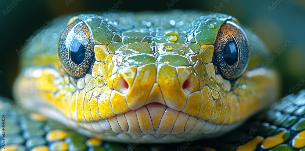 Fototapeta premium Captivating Green Tree Python Tropical Rainforest Wildlife Photography Macro Perspective Nature's Beauty