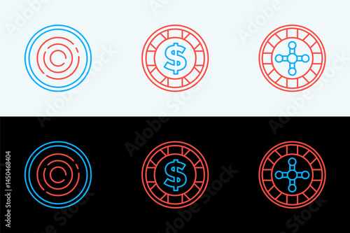 Set line Casino roulette wheel, Checker game chips and with dollar icon. Vector