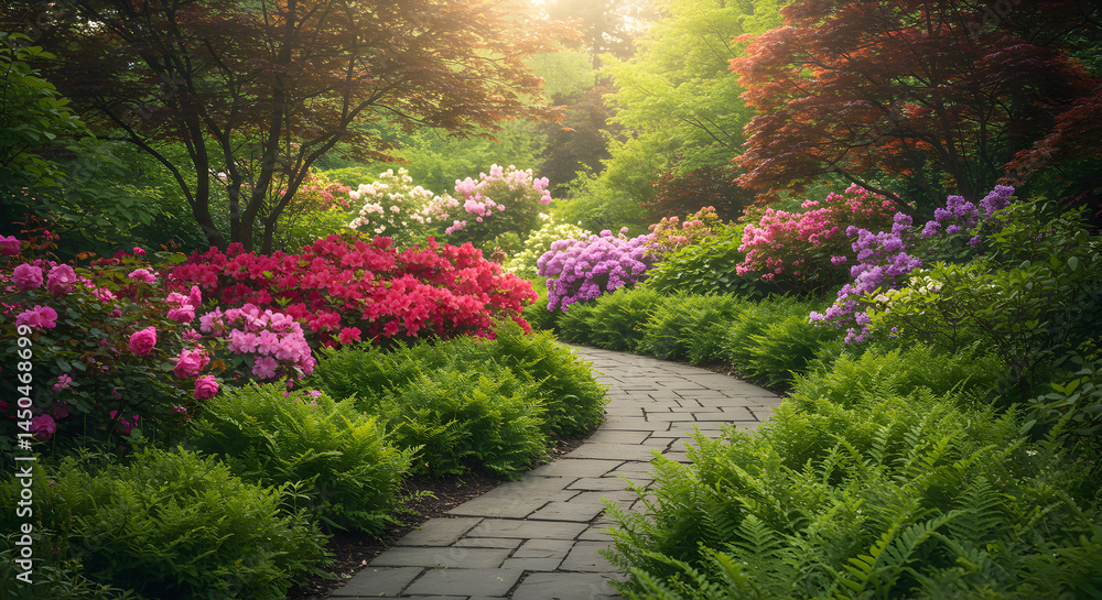 Fototapeta premium Enchanting Garden Pathway Amidst Lush Blooms And Verdant Foliage Scenery