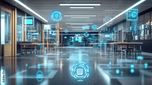 Modern school hallway with interactive digital overlays