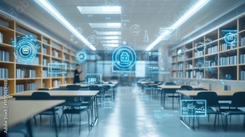 Modern classroom with interactive digital overlays