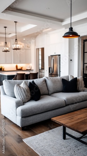 Modern living room with gray sofa, kitchen in background, open concept. Possible use Home decor, interior design, real estate photography