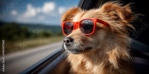 Dog in sunglasses looking out car window on road trip