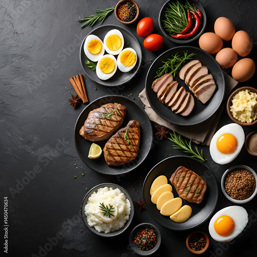 Carnivore diet background. Non vegan protein sources, Different meat food - chicken breast, pork steak, beef tenderloin, eggs, spices for cooking. Black stone concrete background copy space