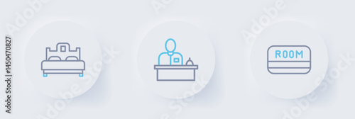 Set line Hotel key card, reception desk and Bedroom icon. Vector