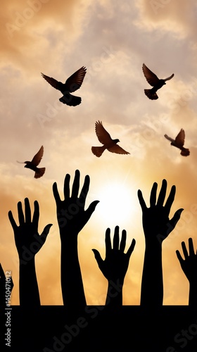 Hands reaching for birds in sunset sky, symbol of freedom and hope, suitable for inspirational posters or social media