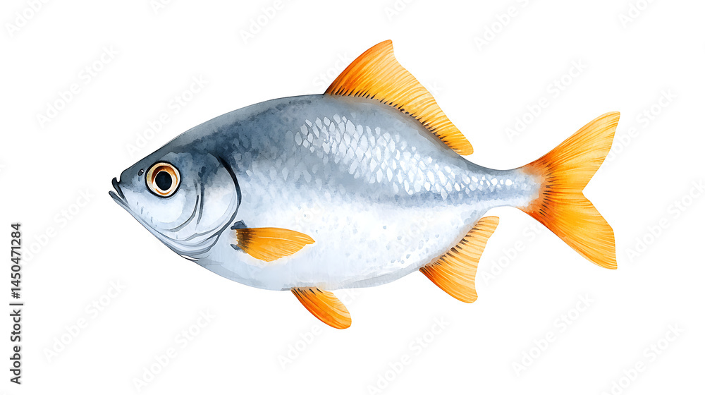 Fototapeta premium Watercolor silver tropical fish with yellow fins isolated marine reef illustration. Hand drawn sea aquarium animal art