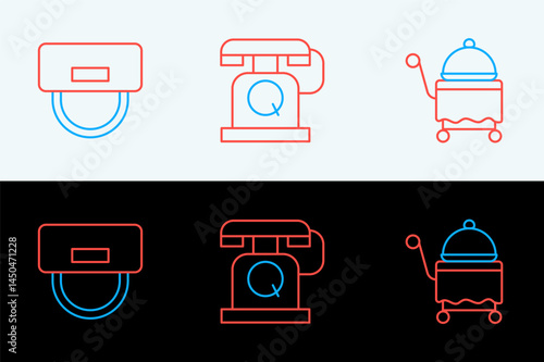 Set line Covered with tray, Bellboy hat and Telephone handset icon. Vector