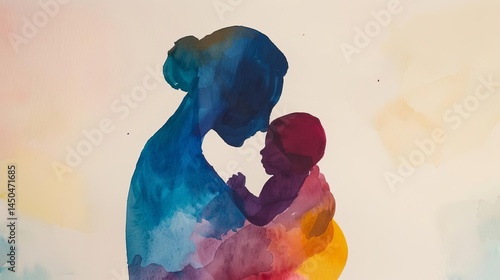 Abstract watercolor painting of a mother holding her baby against a soft pastel background, emphasizing love, care, and maternal bond with vibrant colors