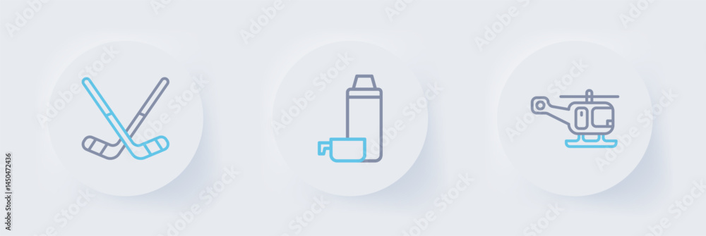 Set line Rescue helicopter, Thermos container and Ice hockey sticks icon. Vector Set line Rescue helicopter, Thermos container and Ice hockey sticks icon. Vector