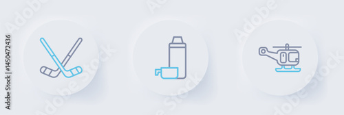 Set line Rescue helicopter, Thermos container and Ice hockey sticks icon. Vector