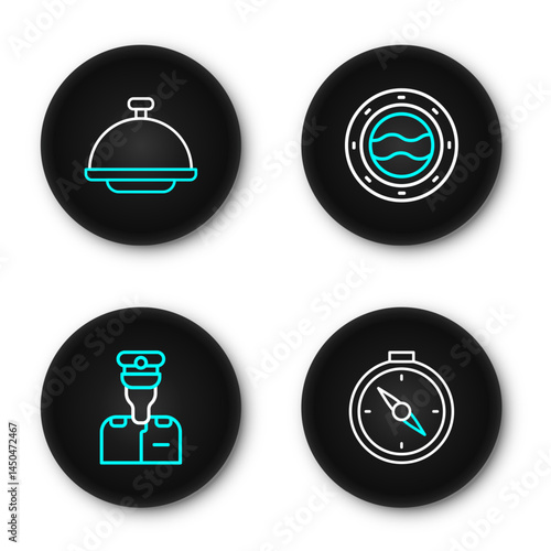 Set line Compass, Captain of ship, Ship porthole with seascape and Covered tray icon. Vector