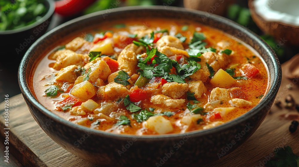 A bowl of creamy chicken curry with vegetables, garnished with fresh herbs A bowl of creamy chicken curry with vegetables, garnished with fresh herbs