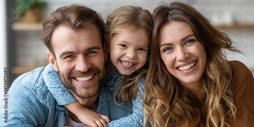 Happy family portrait indoors, smiling parents and daughter