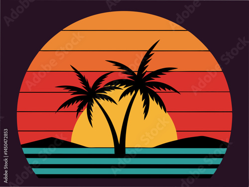 retro sunset beach palm trees vector illustration black background