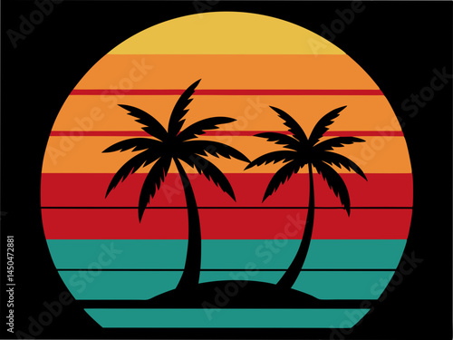 retro sunset beach palm trees vector illustration black background